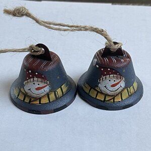 Christmas Ornament Metal Red Snowman Bell Holiday Set Of 2